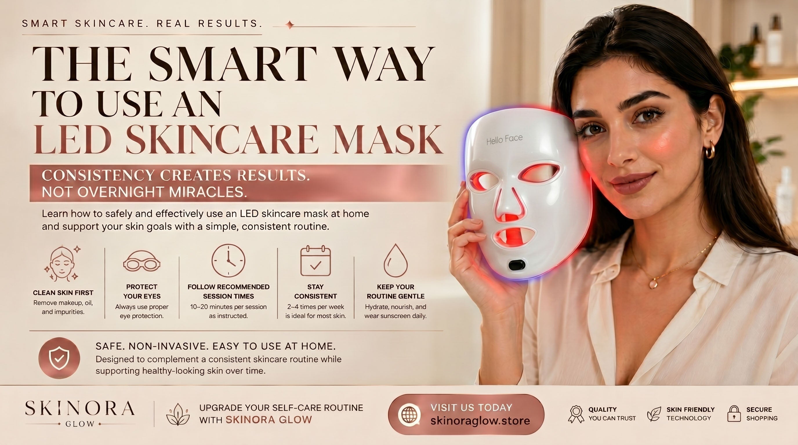 Skinora Glow LED skincare mask used at home for a simple evening skincare routine.