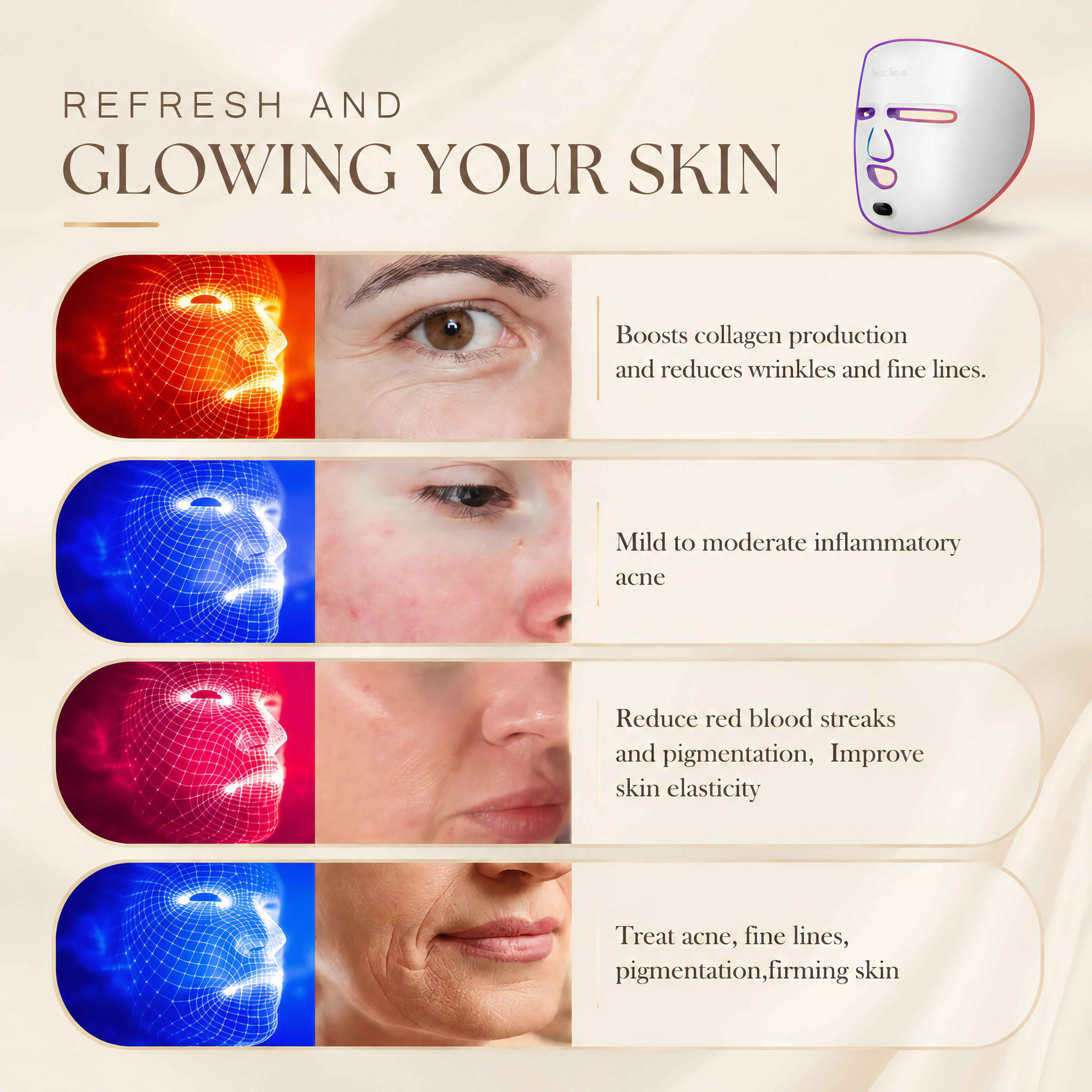 Red and blue LED light therapy face mask benefits for skin health and anti aging