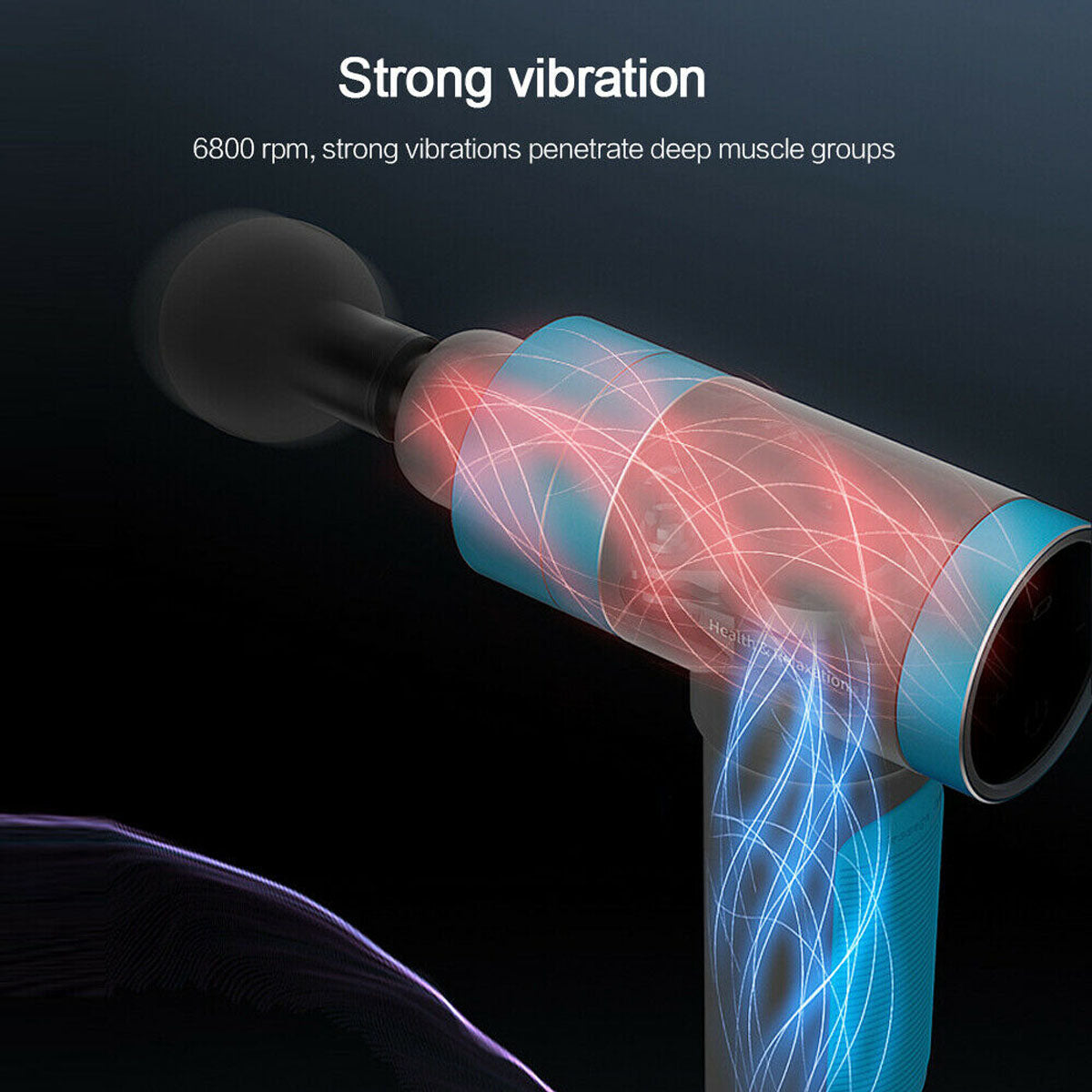 6995ceec1f36Massage gun with multiple attachment heads designed for different muscle areas and pressure levels.