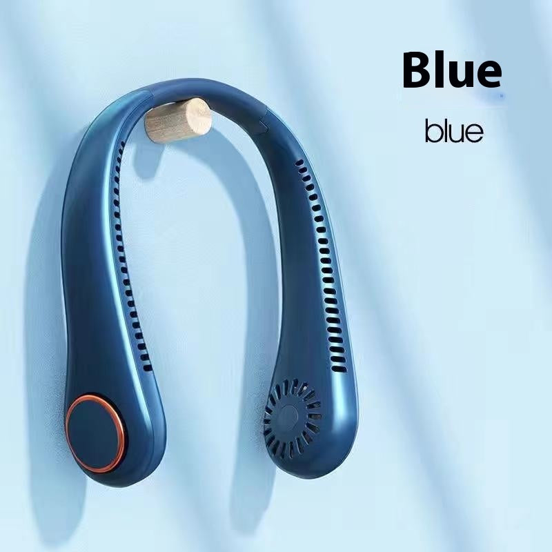 Portable 4000mAh wearable neck fan with hands-free cooling airflow in blue
