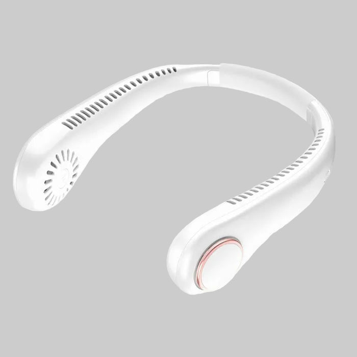 White portable neck fan with hands-free bladeless cooling design