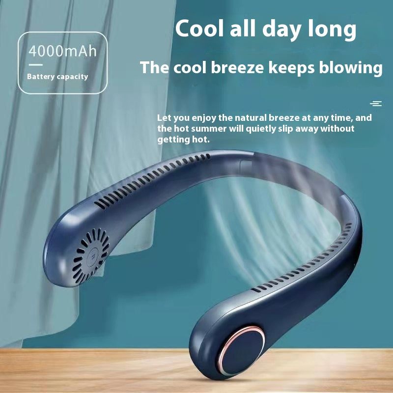 Blue portable wearable neck fan with long-lasting 4000mAh battery